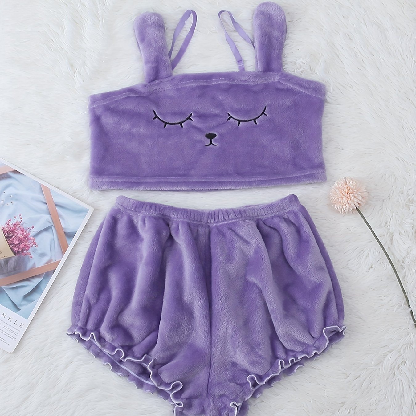 Cartoon Embroidery Pajama Set Cami Top & Elastic Waistband Shorts