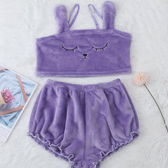 Cartoon Embroidery Pajama Set Cami Top & Elastic Waistband Shorts