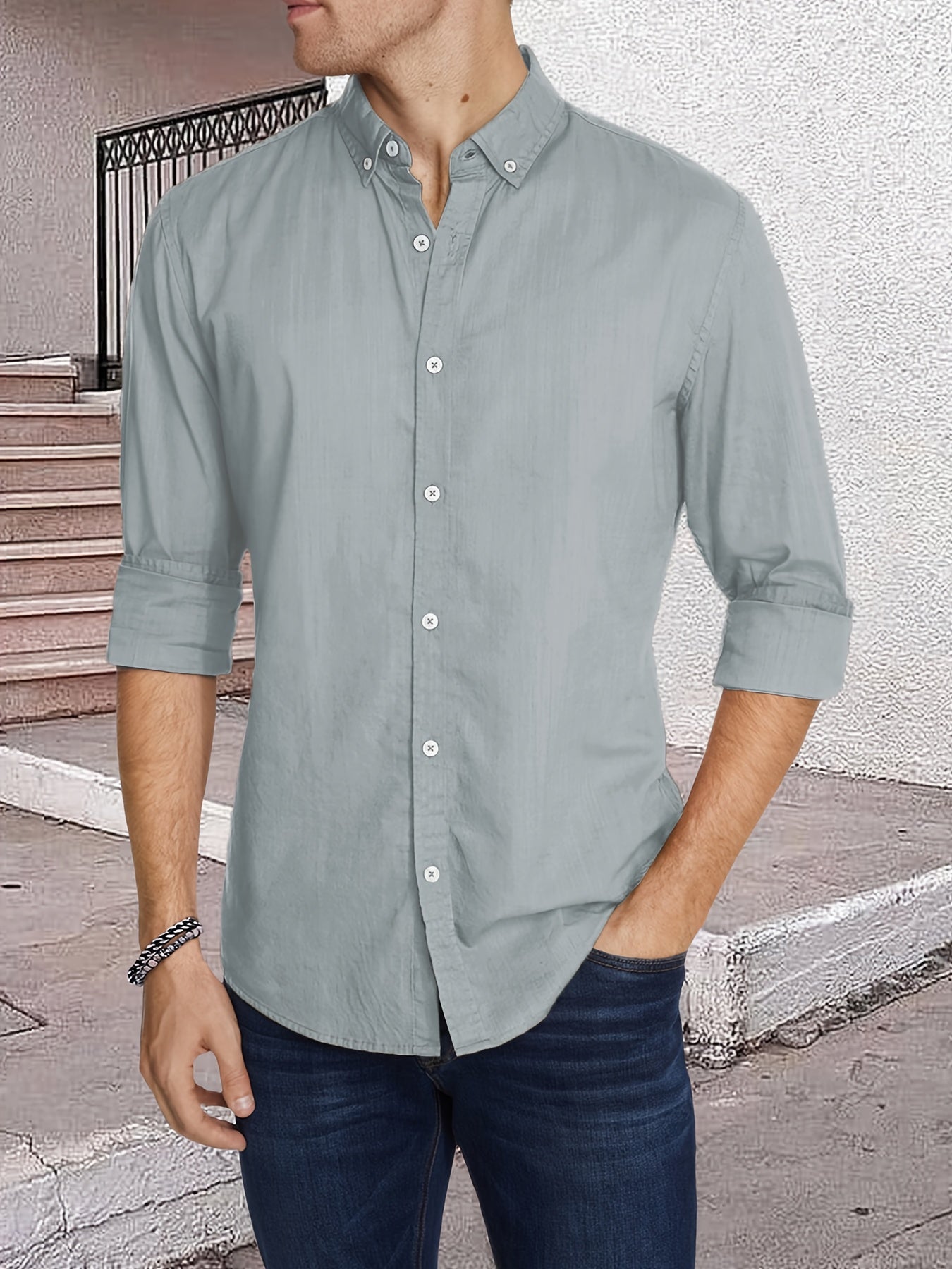Men's Slim Solid Long-sleeve Shirt With Button Up