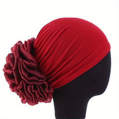 Navy Elastic Turban Hat 3D Flower Pleated Chemo Cap Head Wrap Bonnet