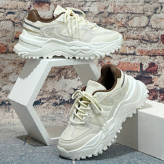 Faux Leather Chunky Sneakers Shock Absorption Running Shoes