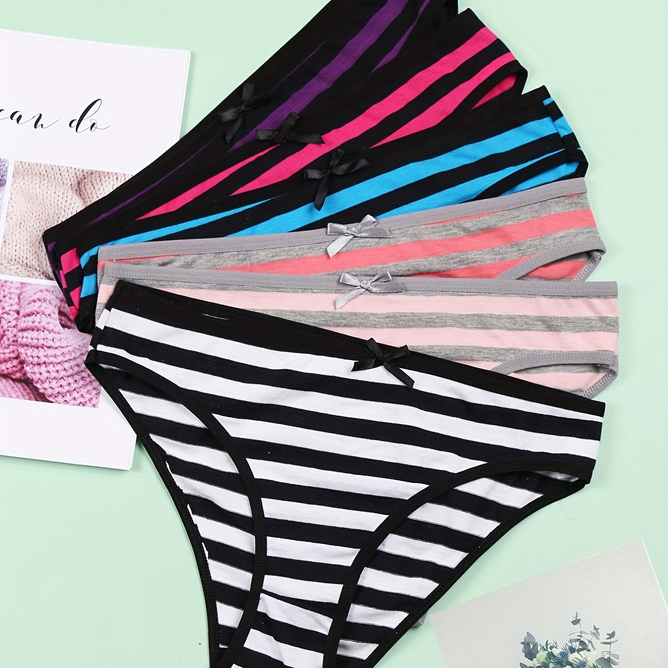 6 Pcs Striped Bow Tie Briefs Comfy Stretchy Intimates Panties