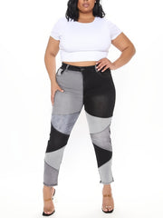 Patchwork Mid Waist Denim Pants Colorblock Stretchy Denim Jeans