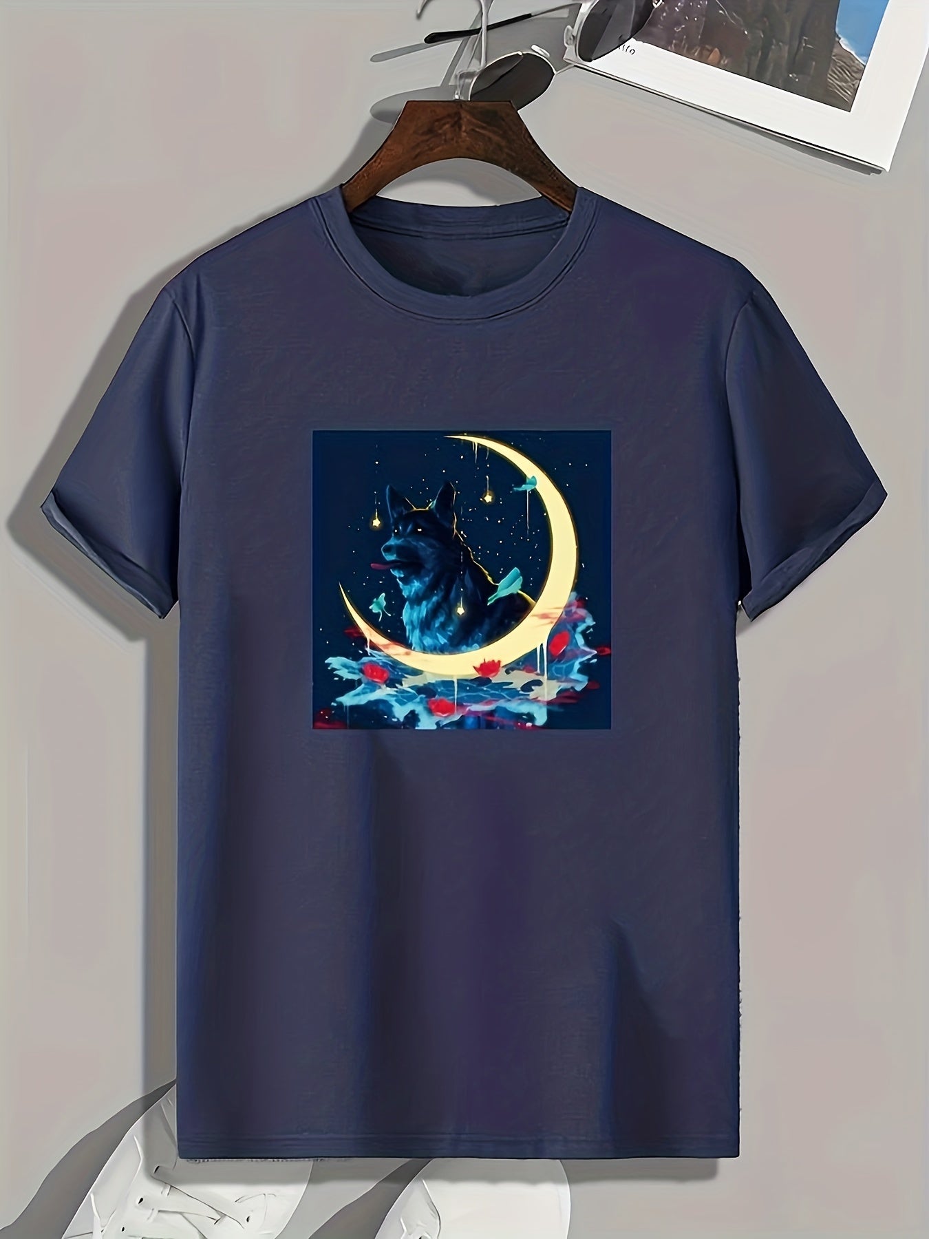Moon & Wolf Print Men's Sports Tee Outdoor Fitness Clothing Gift For Men