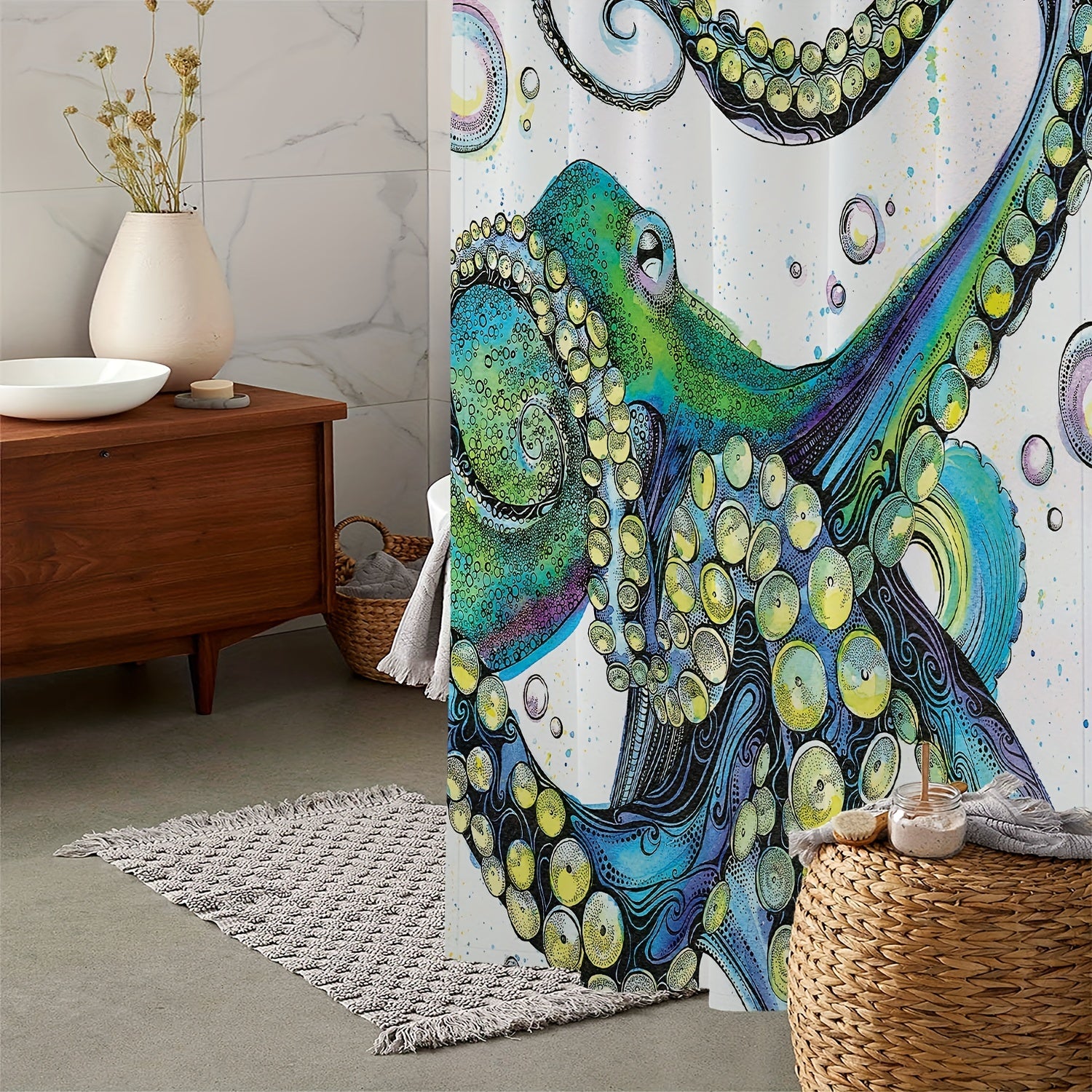 Waterproof Octopus Shower Curtain with 12 Hooks for Bathroom Decor