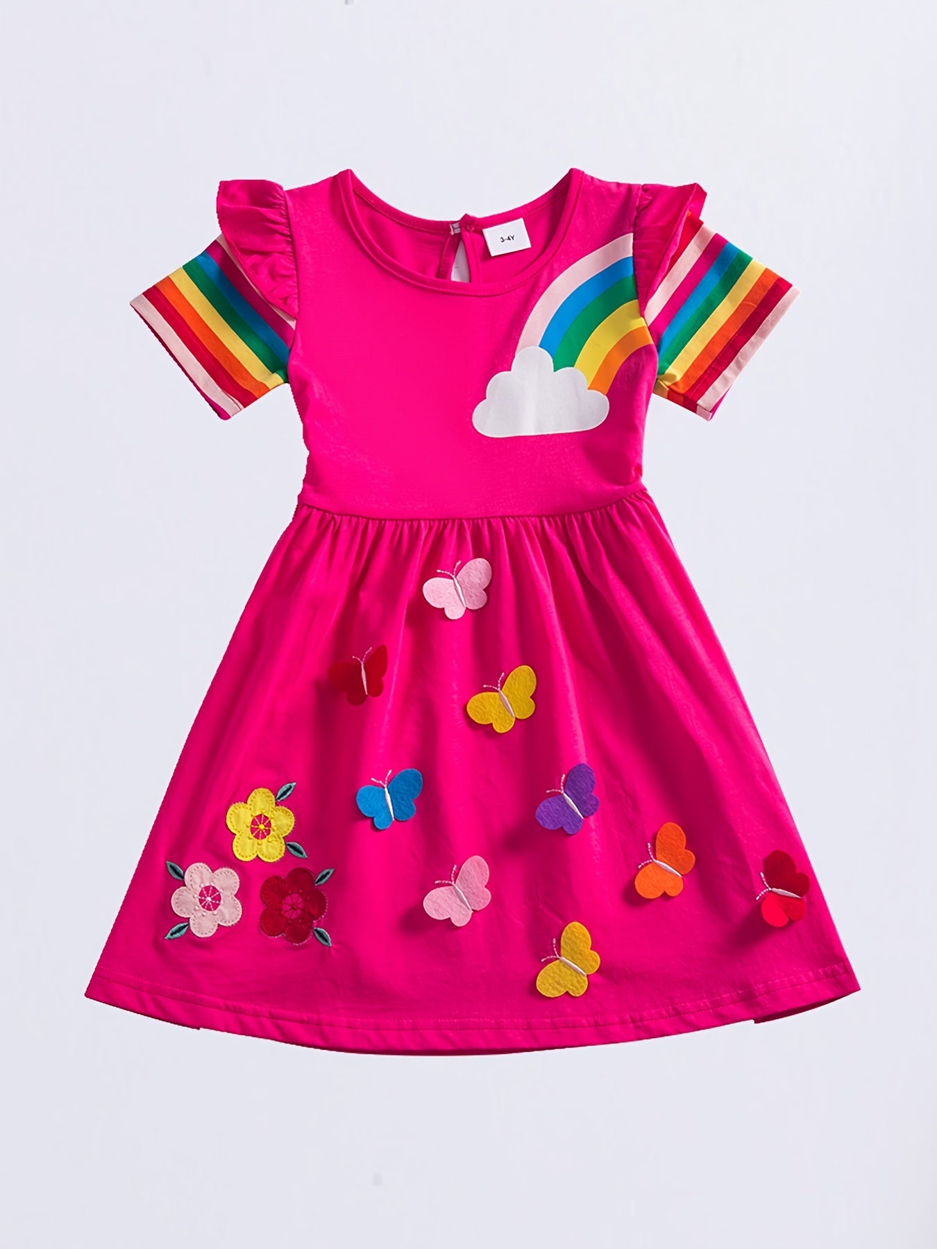 Baby Girls Short Sleeve Cotton Dress Rainbow Print Flower Embroidery Butterfly
