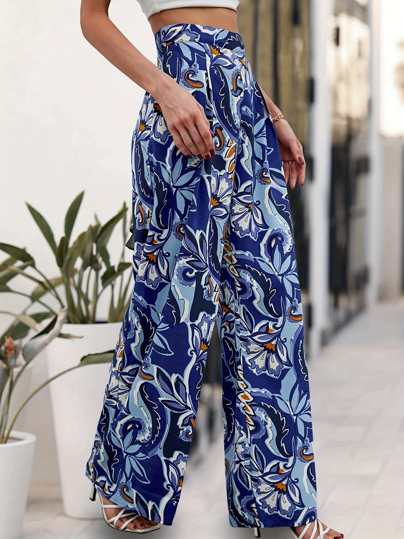 Floral Print Wide Leg Pants Vacation Elastic Waist Long Length Pants
