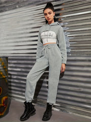 Casual Solid Two-piece Set Cropped Drawstring Hoodies & Jogger Pants