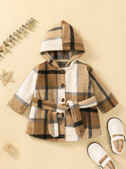 Baby Girls Plaid Belted Fleece Warm Coat Hooded Jacket
