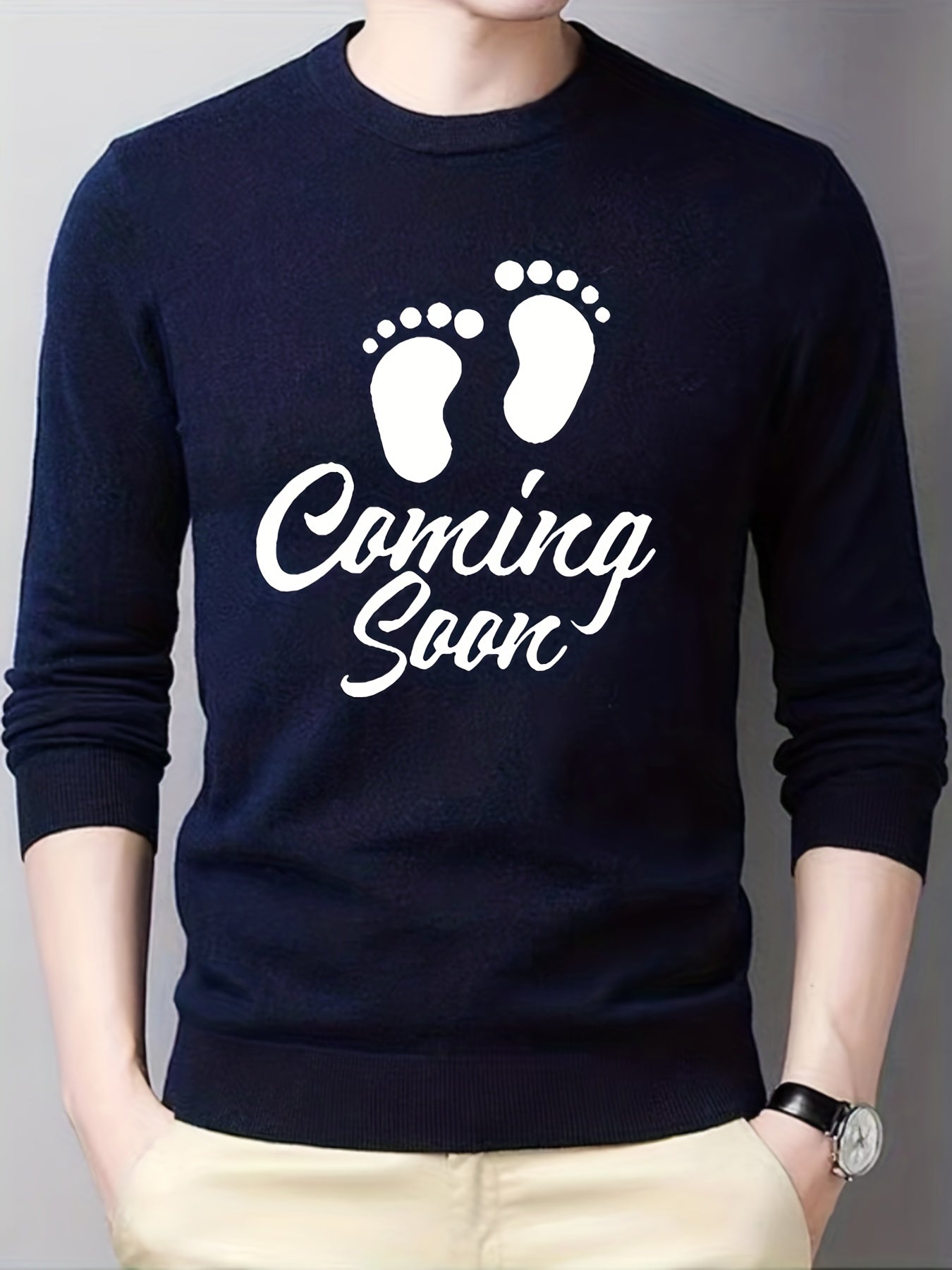 Baby Footprint Coming Soon Print Knitted Sweater Men's Warm Mid