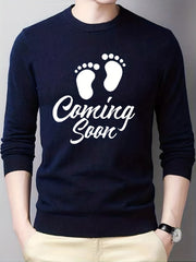 Baby Footprint Coming Soon Print Knitted Sweater Men's Warm Mid