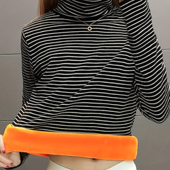 Stripe Turtleneck Pullover Sweatshirt Plush Crew Neck