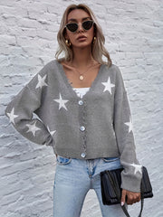 Star Print Crop Cardigan V Neck Button Up Long Sleeve
