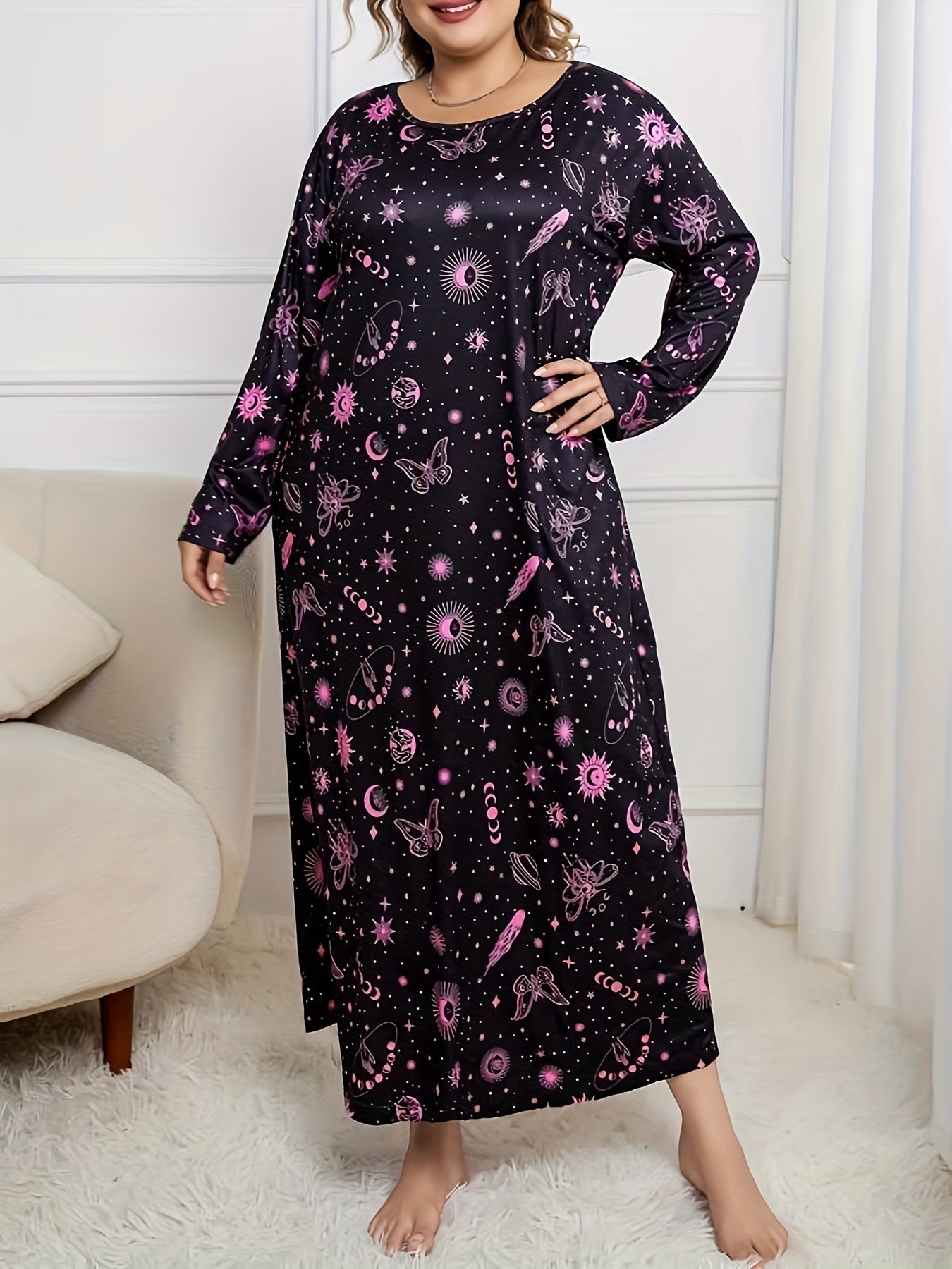 Galaxy Print Long Sleeve Round Neck Tee Sleep Dress