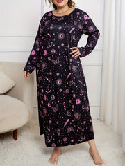 Galaxy Print Long Sleeve Round Neck Tee Sleep Dress