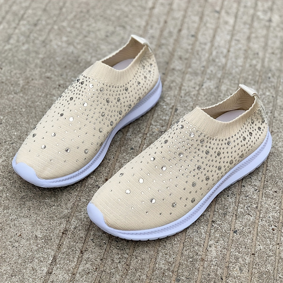 Women's Rhinestone Slip On Sneakers Lightweight Knit Low Top Shoes