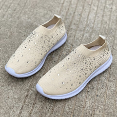 Women's Rhinestone Slip On Sneakers Lightweight Knit Low Top Shoes