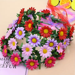 Boho Style Sunflower Hair Crown with Yellow and Pink Flowers