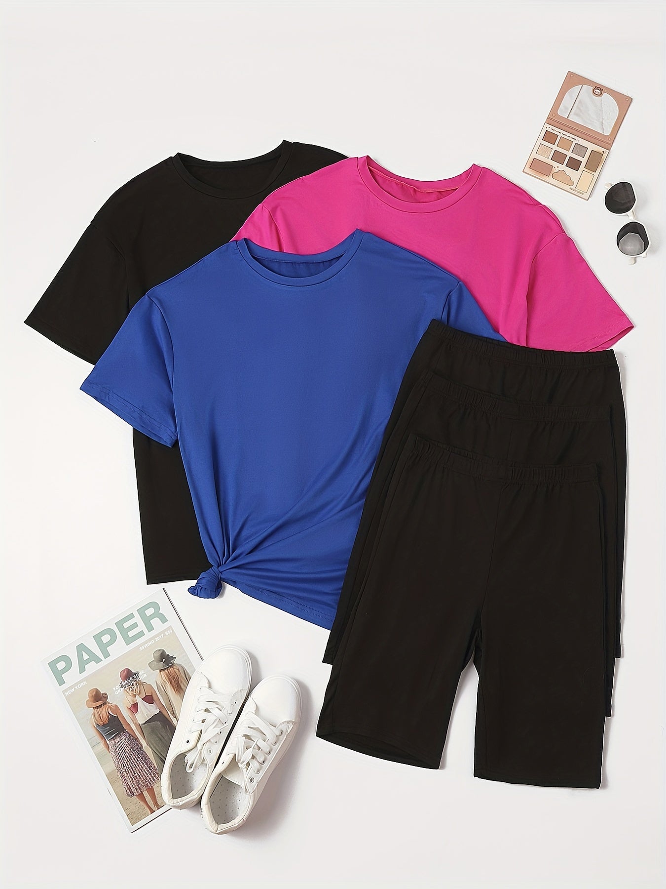 6 Pack Plus Size Basic Pajama Set Women's Plus Solid Tee & Shorts Loungewear