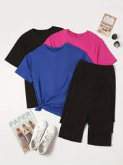 6 Pack Plus Size Basic Pajama Set Women's Plus Solid Tee & Shorts Loungewear