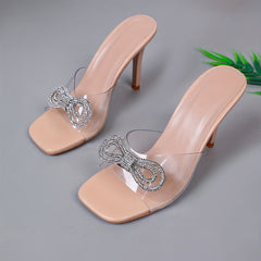 Rhinestone & Bow Stiletto Heels Square Toe Pumps
