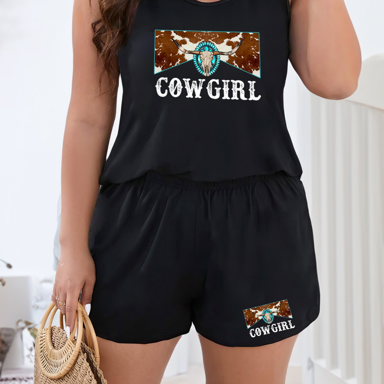 Western Cow Skull Print Tank Top & Shorts Pajama Set