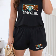 Western Cow Skull Print Tank Top & Shorts Pajama Set