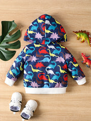 Boy Dinosaur Print Hooded Jacket, Sports Cardigan
