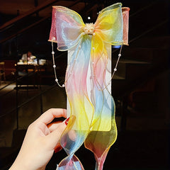 Mesh Gradient Bow Tassel Hair Clips for Holiday Party Girls