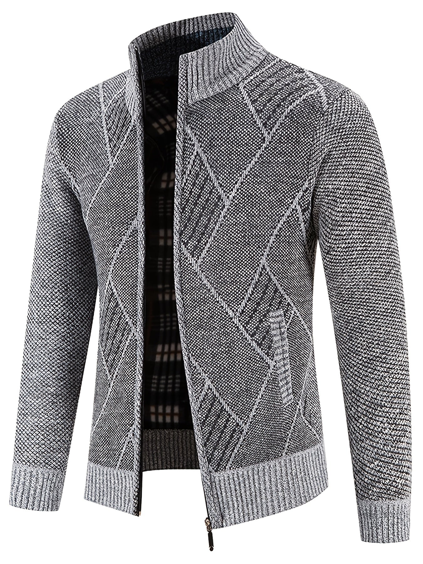Men's Knit Zip Up Cardigan Plush Warm Stand Collar Diamond Plaid