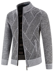 Men's Knit Zip Up Cardigan Plush Warm Stand Collar Diamond Plaid