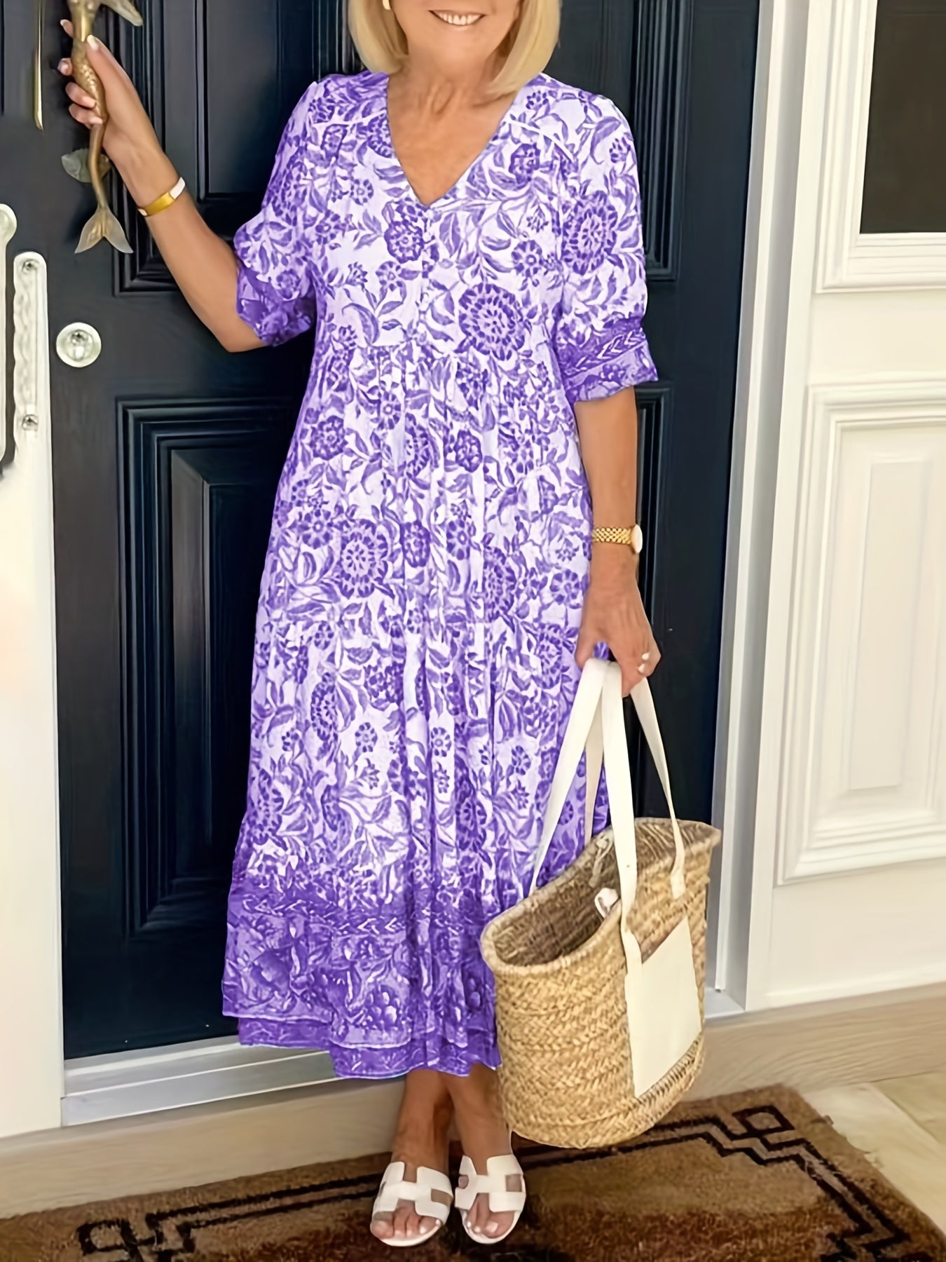 Floral Print Lantern Sleeve Dress Vintage V Neck Summer Dress Women's Clothing