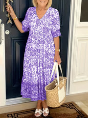Floral Print Lantern Sleeve Dress Vintage V Neck Summer Dress Women's Clothing