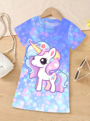 Girls 3D Unicorn Short Sleeve Dress - Summer Clothes