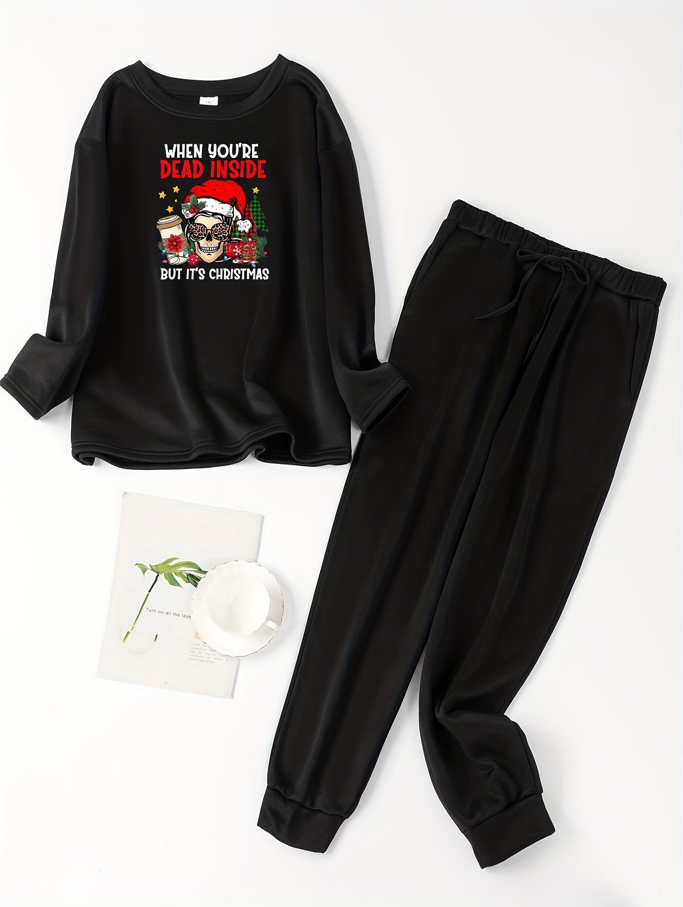 Plus Size Women's Christmas Lounge Set with Hat and Skull Print Fleece