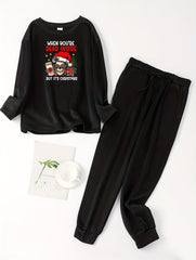 Plus Size Women's Christmas Lounge Set with Hat and Skull Print Fleece