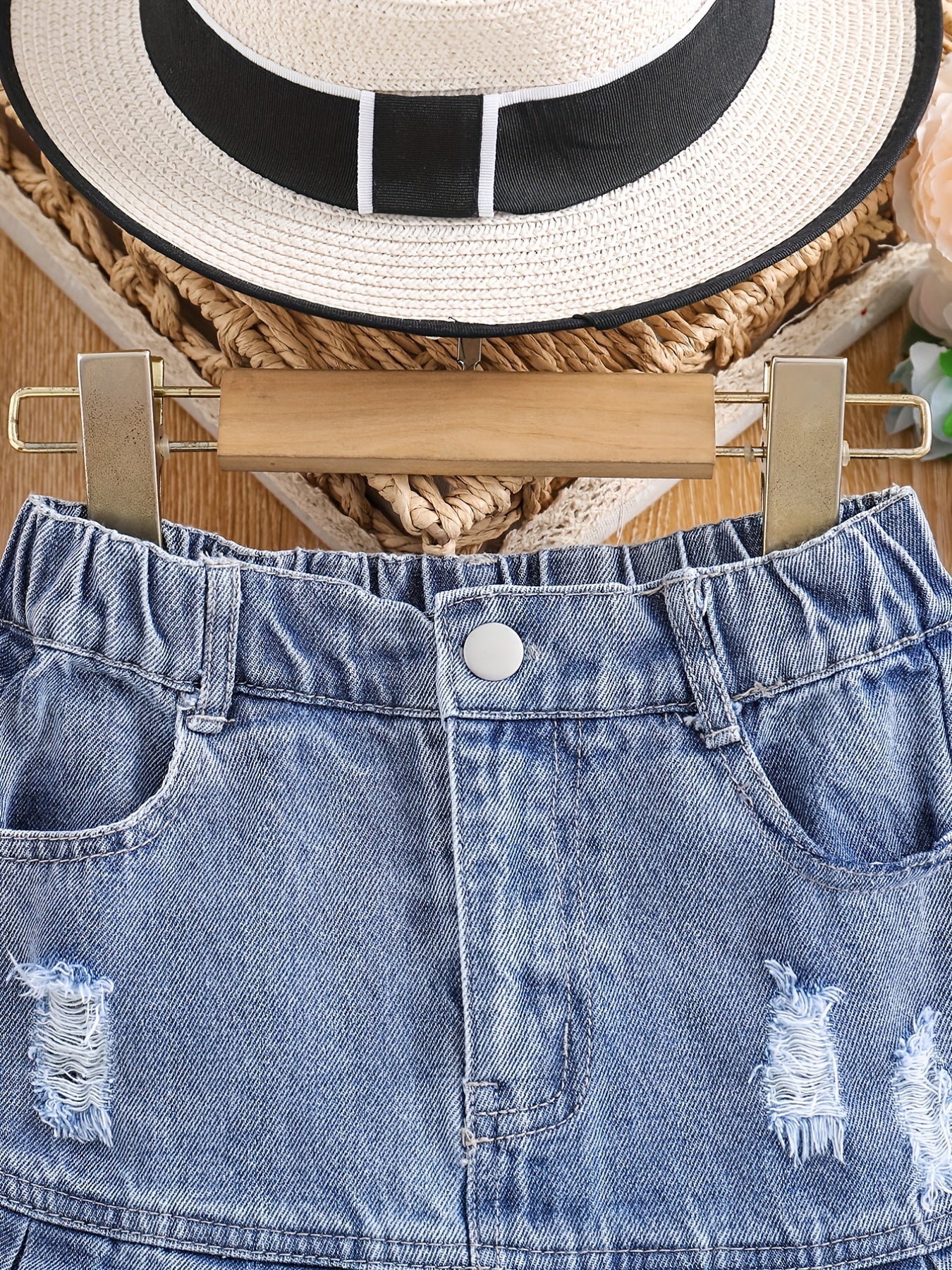 Girls Casual Ripped Denim Skirt Pleated Elastic Waist Kids Mini Skirt