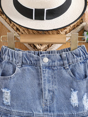 Girls Casual Ripped Denim Skirt Pleated Elastic Waist Kids Mini Skirt