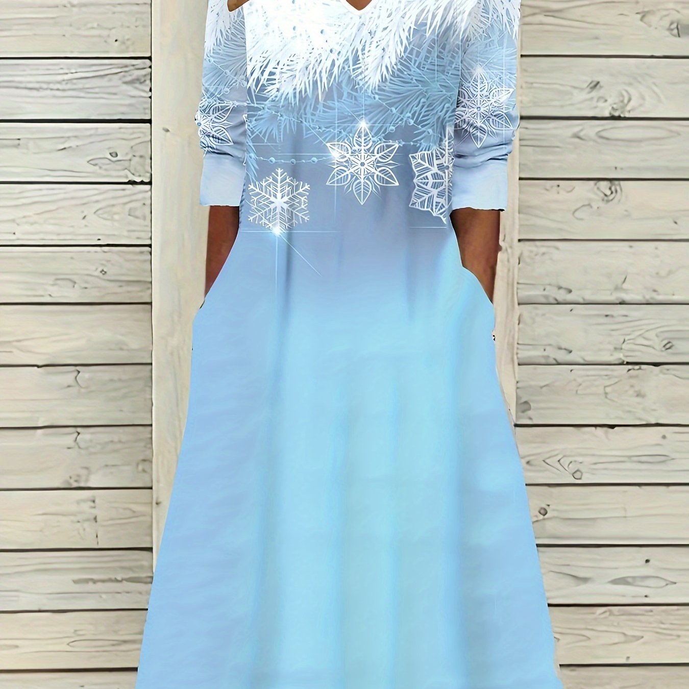 Snowflake Print Long Sleeve Dress With Pockets