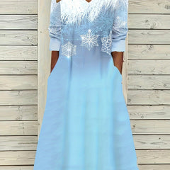 Snowflake Print Long Sleeve Dress With Pockets