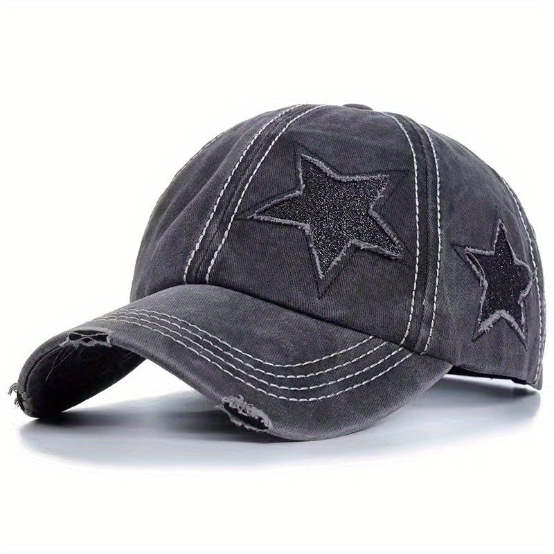 Glitter Star Ripped Baseball Cap Distressed Dad Hats Women