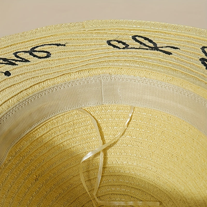 Sunshine Embroidery Sun Hat Wide Brim Khaki Floppy Travel Beach Hat