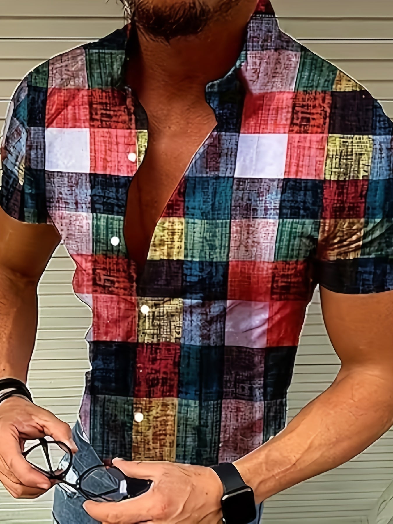 Men's Plaid Print Short Sleejsons Closure Summer Hawaii Shirt