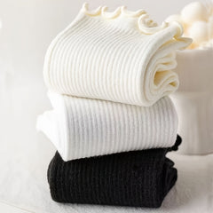 3 Pairs Frilled Mid Tube Socks Solid Color Breathable Sweat Absorbent Crew Socks