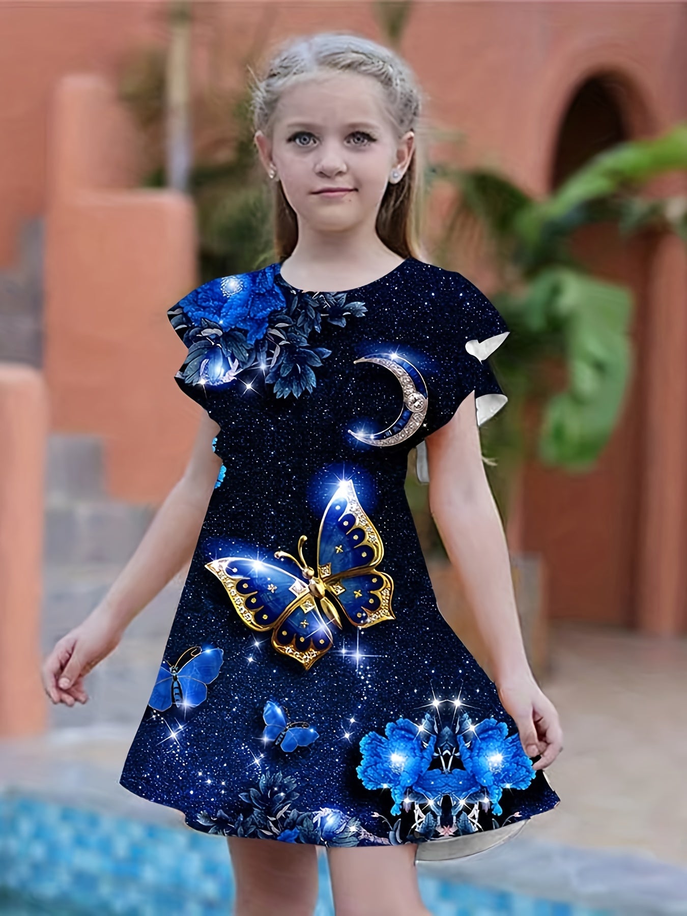 3D Butterfly Graphic Dress Girls Short Sleeve Party Gift Summer
