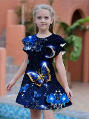 3D Butterfly Graphic Dress Girls Short Sleeve Party Gift Summer