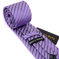 Barry Wang Classic Purple Tie Set Striped Plaid Silk Necktie Pocket Square Cuffl
