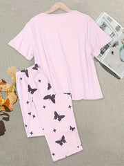 Plus Size Pajama Set Women's Clover Heart & Butterfly Print Tee & Pants