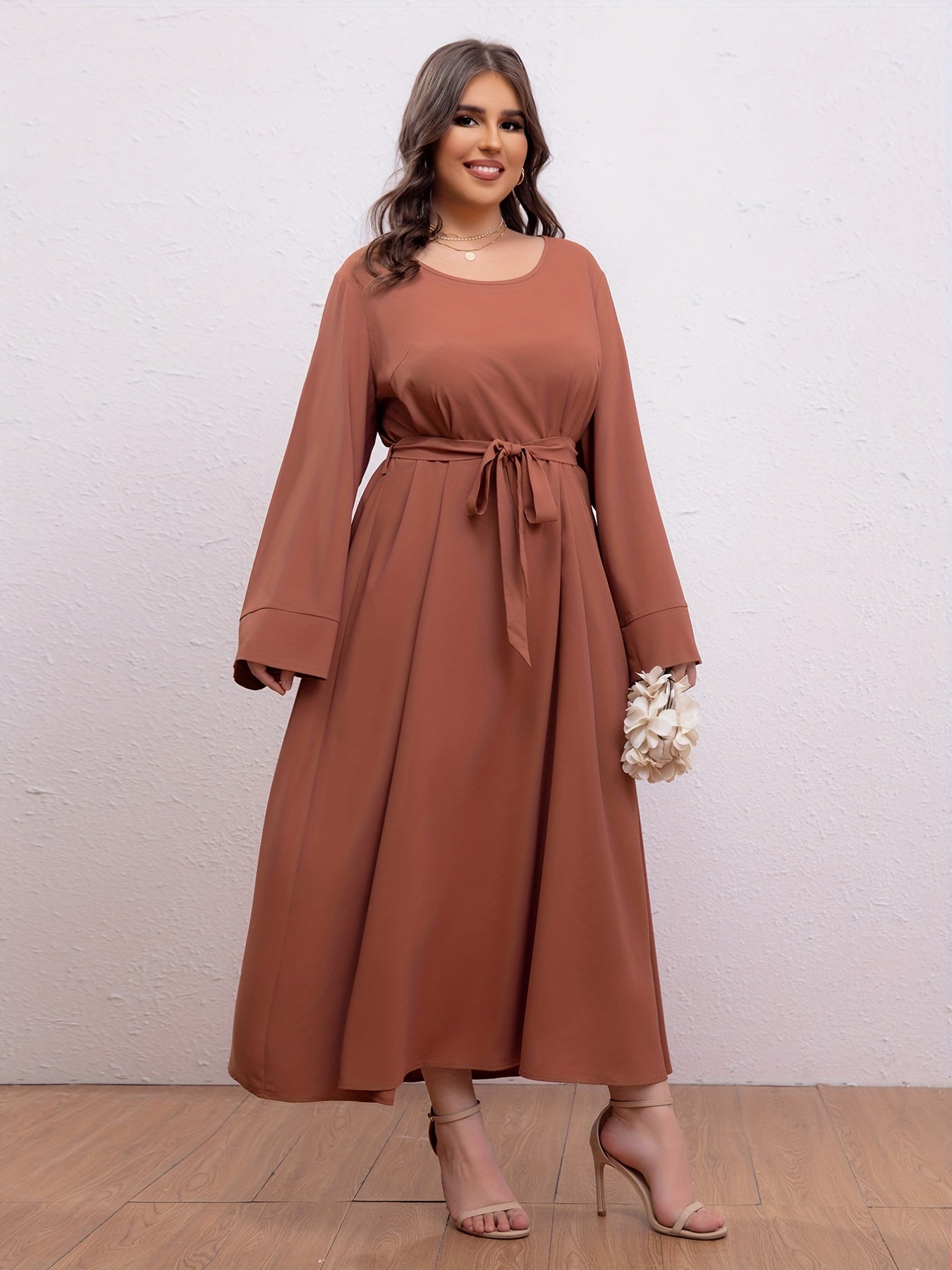 Boho Abaya Dress Women's Plus Solid Long Sleeve Maxi Jalabiya Dress