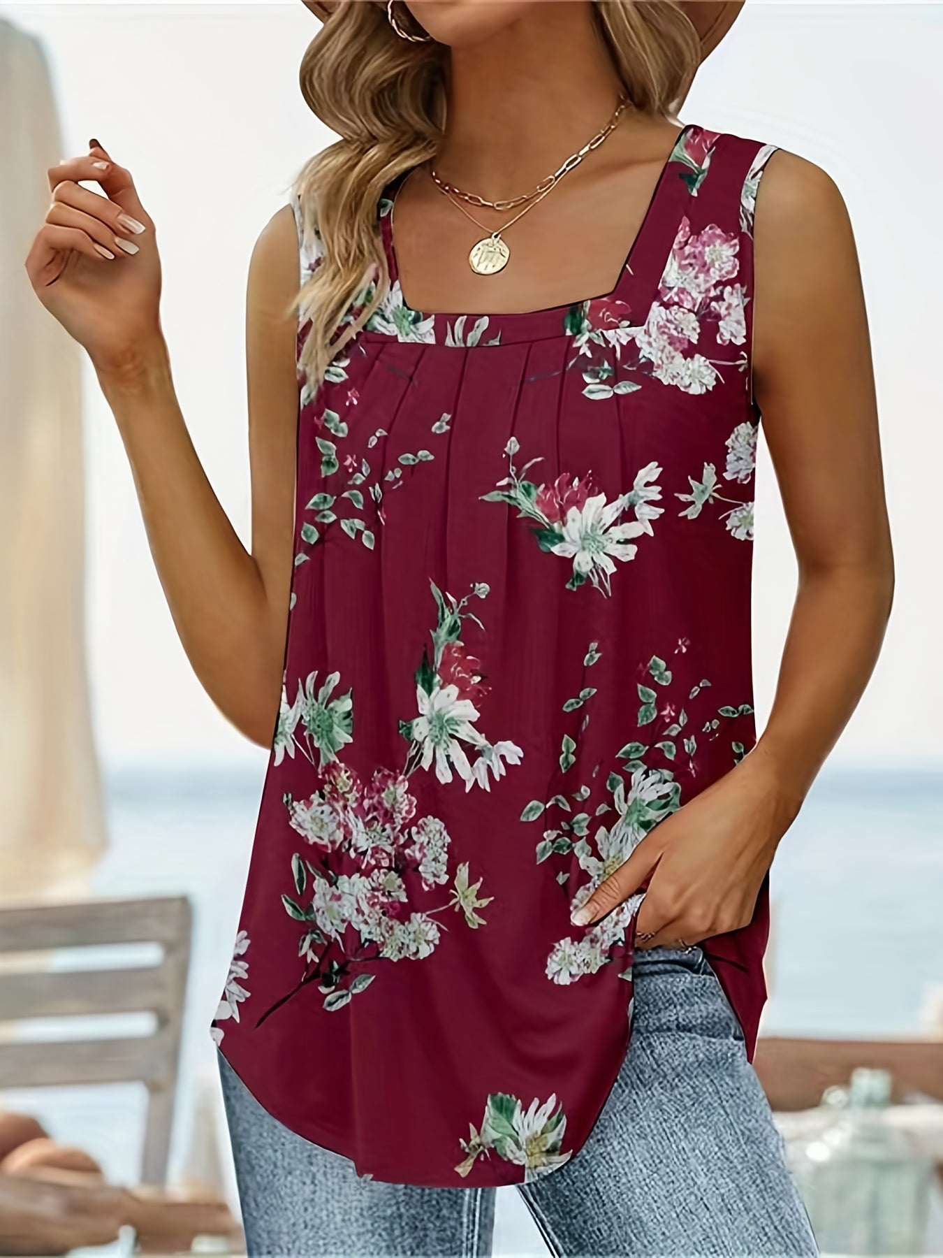 Floral Print Square Neck Tank Top Sleeveless Casual Summer Women's Clothing